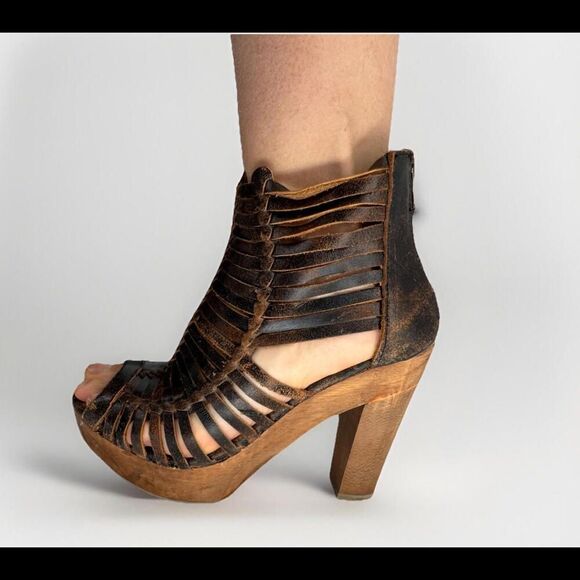 Sbicca Yani Huarache Leather Wood Platform Chunky Sandals Gladiator 8 Fits 7 - Picture 1 of 9